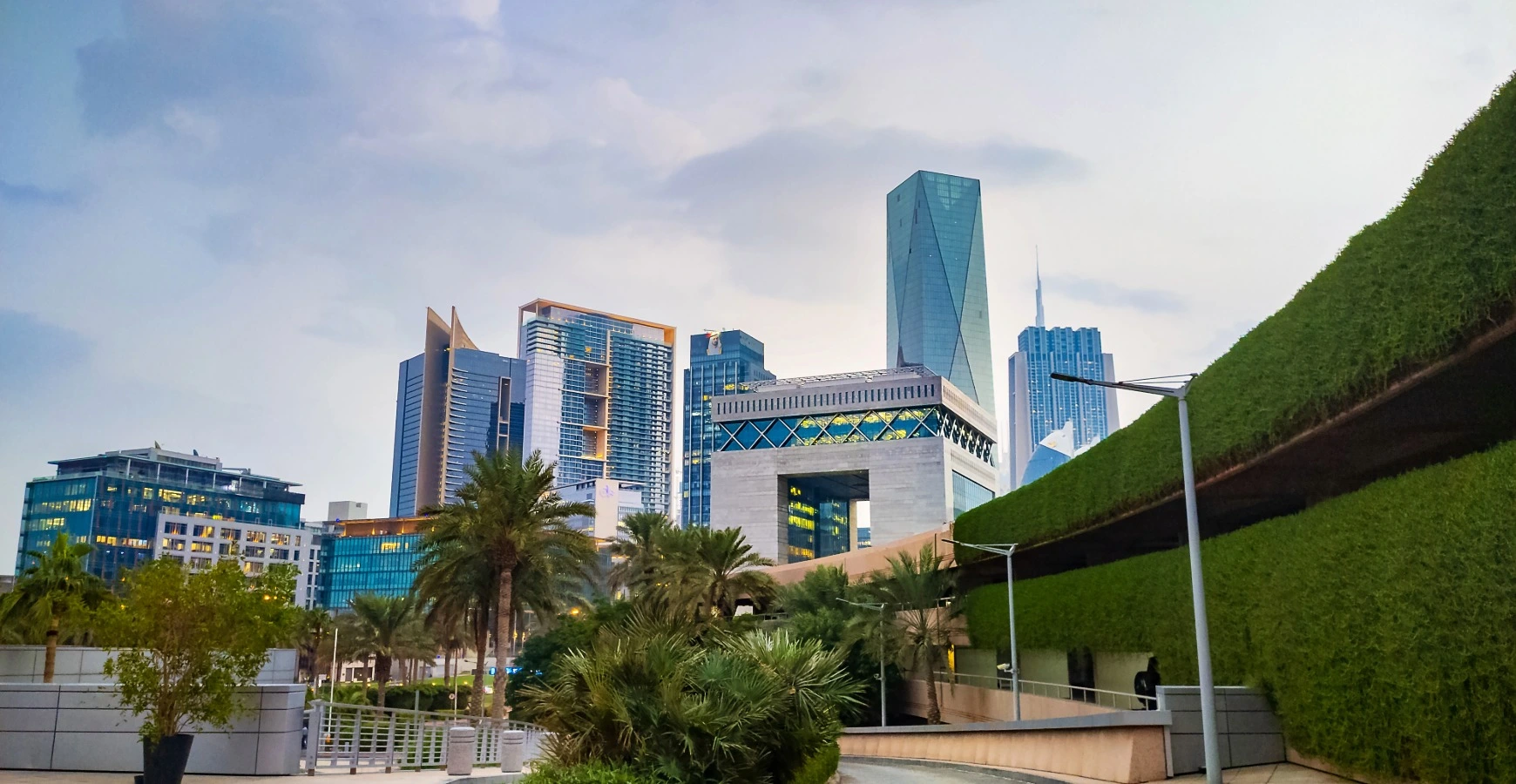 Dubai International Financial Centre District Skyline and Palm Walkway